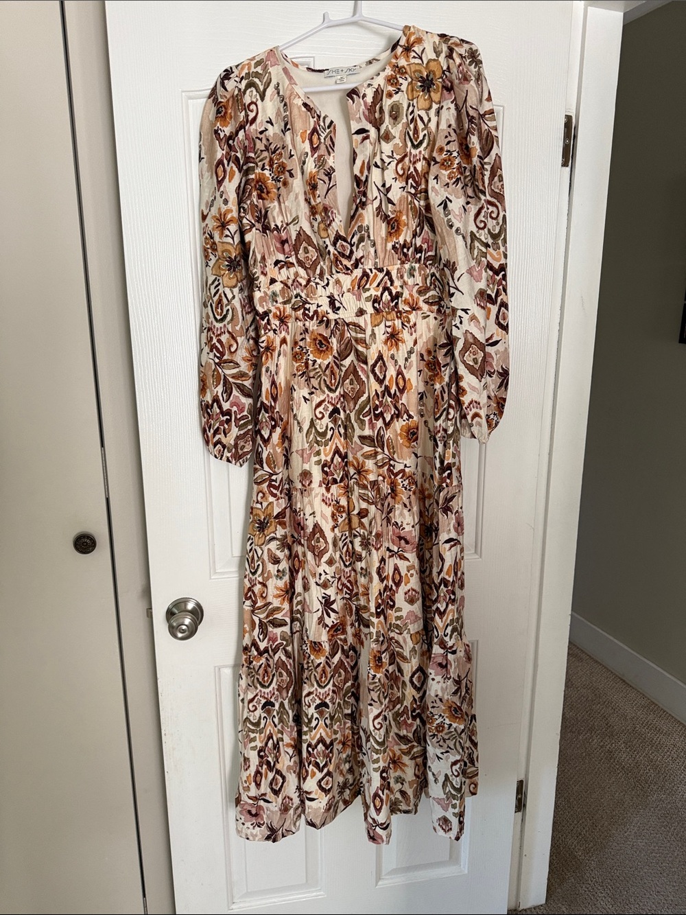 She + Sky Cream Maxi Dress with Rust and Mustard Floral Print